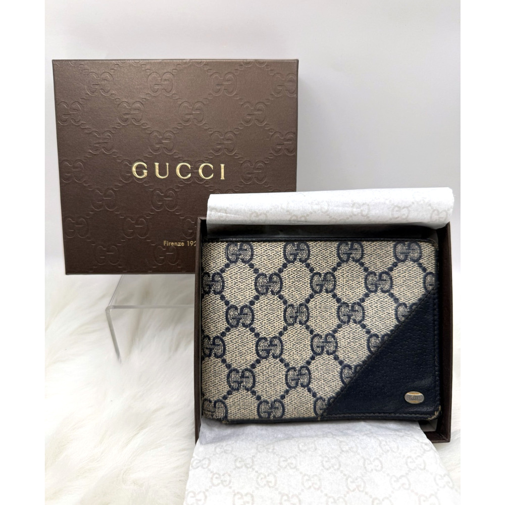 Vtg Gucci GG Blue/Gray Canvas Collection Black Leather Bifold Wallet W/Box
